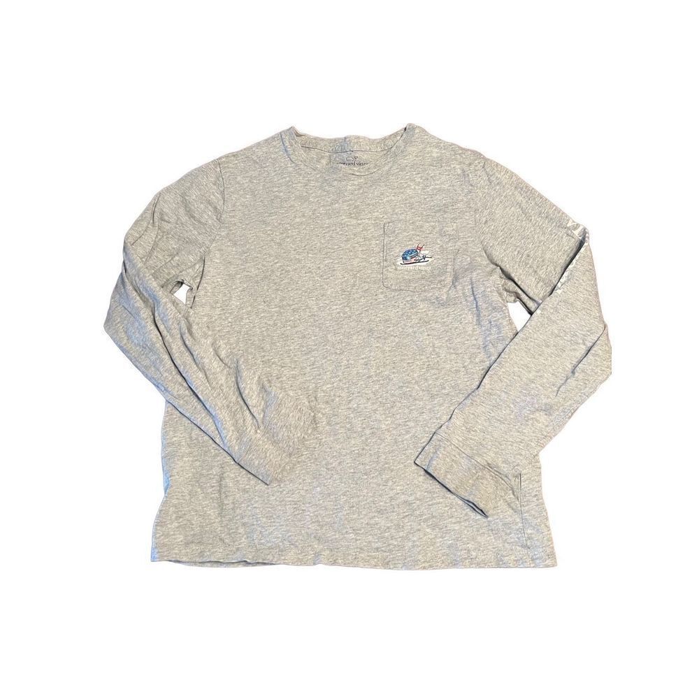 Vineyard Vines Skiing Whale Graphic Long Sleeve Pocket T Shirt Gray Youth L